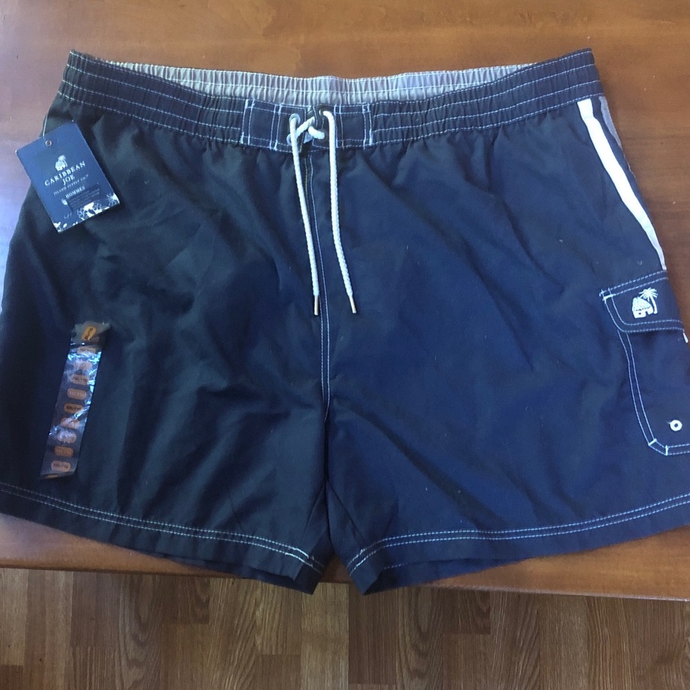 Caribbean Joe Men's Navy Blue Swim Trunks with White Trim NWT